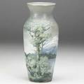 Weller hudson scenic 8 12 vase painted by hester pillsbury with a landscape of snowcapped mountains and lake kiln stamp and pillsbury