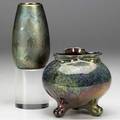 Weller sicard two 4 34 vases one lobed with three feet the other painted with maple leaves latter signed weller sicard