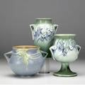 Roseville three vessels green clemana vase 7517 minute fleck to footring and coupe 1537 both stamped blue velmoss 5 jardiniere