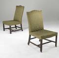 Two english chippendale sidechairs upholstered in green silk damask with mahogany frames 18th c larger 36 12 x 23 x 21