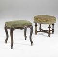 Two english footstools each with mahogany frames 19th c larger 20 x 21 12 x 17