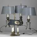 Table lamps four toleshade lamps 19th20th c three with silverplate base one a boulotte style tallest 15