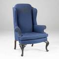English queen anne wing chair with blue upholstery and mahogany frame 18th c 47 12 x 35 x 24