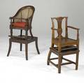 Two english highchairs one with caned seat and back the other in mahogany 18th19th c larger 38 x 15 34 sq