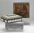 Decorative boxes three pieces include inlaid asian jewelry box metal covered document box and bone or ivory inlaid sewing box 19th c largest 12 x 12 12 x 6