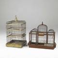 Two english victorian birdcages one for a parrot the other for smaller birds ca 18501860 larger 28 x 12 x 30