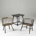 English furniture stretcherbase tavern table and two lowback windsor chairs 18th c table 26 x 22 x 24
