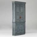 English corner cupboard twopiece blue paneled cabinet 19th c 44 x 86