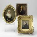 19th c portrait miniatures grouping of three includes oil on copper oval portrait of a woman watercolor of a gentleman in gilded frame and lithograph largest 75 x 5 34 sight