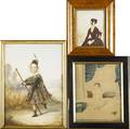 Watercolor portraits grouping of three images include elizabeth wright 1840 a child standing in landscape and a scottish lassie all mid 19th c largest 10 14 x 14