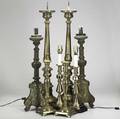 Brass candlesticks four pairs one in pricket style one electrified 19th20th c