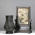 Chinese items ringhandled bronze vase 18th c together with a table screen with hardstone decorated panel 19th c screen 16 12 x 10 x 5 12