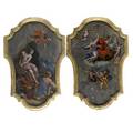 Pair of painted panels two mythological scenes oil on board mounted in shieldshaped giltwood frames 18th19th c 30 x 18 irregular