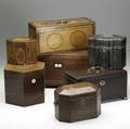 English boxes seven assorted boxes include tea caddies and document boxes all 19th c largest 8 14 x 12 x 5 12