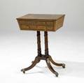 English sewing stand inlaid stand with fauxbamboo legs early 19th c 21 x 16 x 30