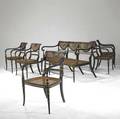 English regency parlor set six piece set with original painted decoration ca 1810 three chairs require recaning 62 x 22 x 35