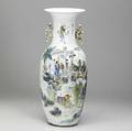 Chinese export handled palace vase with butterfly and flower design on one side and asian genre scene on the other late 19thearly 20th c 22 12