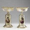 Style of moser pair of fine gold decorated compotes with cut glass panels both with enamel decoration and oval portrait reserves 19th c 11