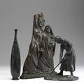 Bronze grouping three pieces include woman with hoe signed hobson kraus dated 1922 bronze of a man with sword and woman with a child signed ispanky japanese vase with fish relief decoration larg