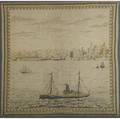 Early 20th c tapestry woven tapestry depicting sailing ships and steamboat at north river ny framed tapestry 19 14 sq frame 26 x 24