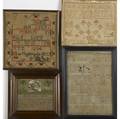English needlework four piece grouping includes three samplers dated 1741 1832 and 1836 together with a cross stitch in frame largest 10 14 x 13 14