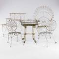 Garden furniture five pieces include two wire plant stands one wire armchair and two side chairs 20th c 41 x 26 x 23