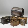 Seven english boxes including two tortoiseshell tea caddies late 18thearly 19th c all require repair largest 12 x 6 x 6