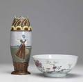Lowestoft etc 18th c english lowestoft bowl together with a teplitz style vase with dutch girl decoration taller 12 14