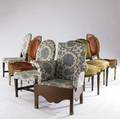 Seven english chairs various upholstery all 18th c largest 34 x 20 x 36