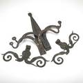 Pair of wrought iron hinges etc rat tail hinges 19th c together with a pair of earlier iron decorative elements 29 x 20