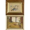 Floral still lifes two oil on canvas paintings mounted on board framed 19th c together with a theorem painting watercolor and an 19th c american farmyard primitive oil on canvasboard both frame