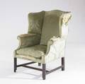 English chippendale wing chair mahogany frame with green silk upholstery 18th c losses to frame 41 x 32 12 x 32