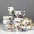 Chinese export approx fifty pieces of assorted 18th and 19th c porcelain of various sizes and types including platters bowls cups and saucers most with damage largest 13 x 8