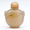 Chinese snuff bottle spadeshaped bottle of jade carved with quail and millet on one side buddhistic lion mask handles on shoulders with stopper 19th c 2 38