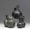 Precolumbian ceramics three pieces from peru include two examples from the chimu culture ad 9001470 featuring a burial scene and a moon deity together with a reyna vessel with strap handle from t
