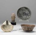 Pottery group ancient to modern reproductions four items nazca reproduction polychrome painted bowl with figures blackware bowl with incised design likely ancient but with enhanced designs holy l
