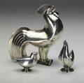 Norwegian silver sugar caster in roosterform oscar sorenson for j tostrup ca 1930 together with silver roosterform salt and pepperette largest 5 14 x 5
