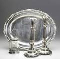 European silverplate  judaica pair of fraget and plaque sabbath candlesticks large cheltenham english silver salver and victorian silverplate and blown glass sugar cannister salver 21 x 16 34