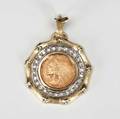 1929 2 12 dollar coin au 50 with nice toning set in 14k faux bamboo and wg pendant with twenty 1 ct diamonds on the interior numismatic mount