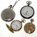 Four american pocketwatches 14k gf and silver cased ca 1900 14k hunt case elgin 394493 1 58 gf hunt case elgin 1380452 15 jewels 1 58 sterling open face waltham 9334223 2 sterli