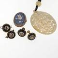 Micromosaic  chinese export jewelry ca 1900 four scenic fine micromosaic buttons two with later screwback earring findings micromosaic brooch depicts a dove on a blue ground gf delicate mother