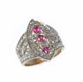 Ruby and rose cut diamond ring 18k wg and yg italian marks navette shaped approx 1 ct tw diamonds 76 gs gw size 7