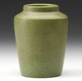 Van briggle early vase covered in matte green glaze 1906 two short tight lines to rim aa van briggle 44 1906 h 5 14 x 4