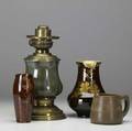 Art pottery four vessels walrath mug mattepainted with a branch of apples on brown ground half inch chip bruise signed 3 12 two rookwood standard glaze vases one by k shirayamadani 1889 7