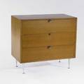 George nelson  herman miller three drawer chest with walnut veneer and spun aluminum legs missing one pull 31 x 34 x 18 12