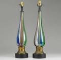 Venini attr glass lamps cylindrical pair with panels of blue green and purple mid20th c ht 27 12
