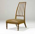 Danish highback side chair with leather cushion and brass tacking on wooden frame with turned front legs 42 x 32 x 21