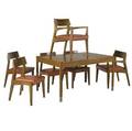 John stuart walnut extension dining table with steelcapped feet and two 18 leaves along with set of six sculptural chairs with leatherette cushions john stuart tags and circular labels to chairs