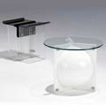 Neal small two side tables one with circular glass top over illuminated acrylic base the other with tinted lucite top over clear base both with steel hardware 16 12 x 20 dia and 16 12 x 15 1