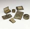 tiffany studios seven piece giltbronze desk set lined in caramel slag glass most in the pine needle pattern note pad 1022 perpetual calendar 930 roller blotter 995 stamp box 801 pen wi